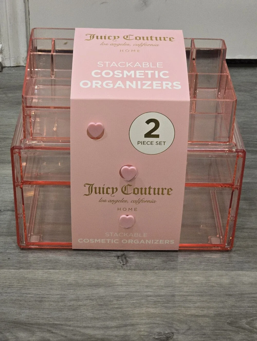 Juicy Couture Home 2-PC Stackable Acrylic Makeup Organizer Set- Pink